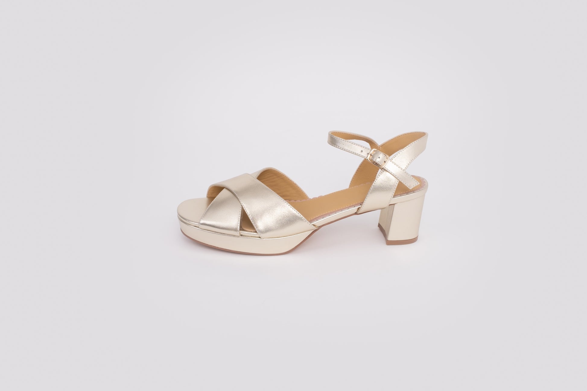 Side profile of Frankie Sandal in Gold, a womens block heel available in larger European sizes 42-46