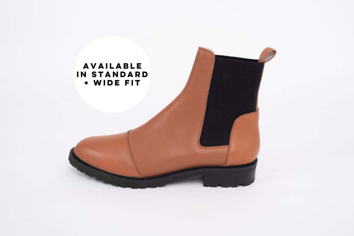 Side profile of womens leather ankle boot in tan leather. Available in larger sizes 8-12 standard and wide fit.