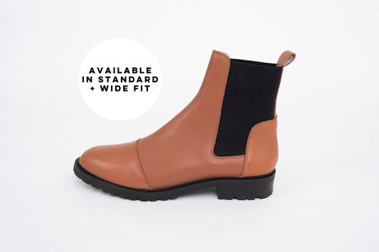 Side profile of womens leather ankle boot in tan leather. Available in larger sizes 8-12 standard and wide fit.