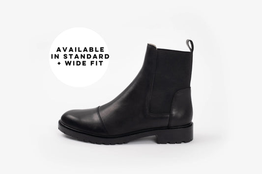 Side shot of Alexa boot in black. A womens leather ankle boot available in larger sizes 8-12 standard and wide fit.