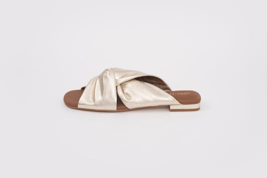 Side shot of womens gold sandal available in larger UK sizes 8-12