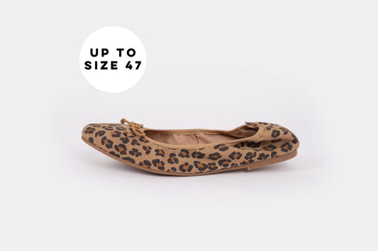 Side profile of Oliva flat in leopard print, a womens elasticated pump available in larger UK sizes 8-12