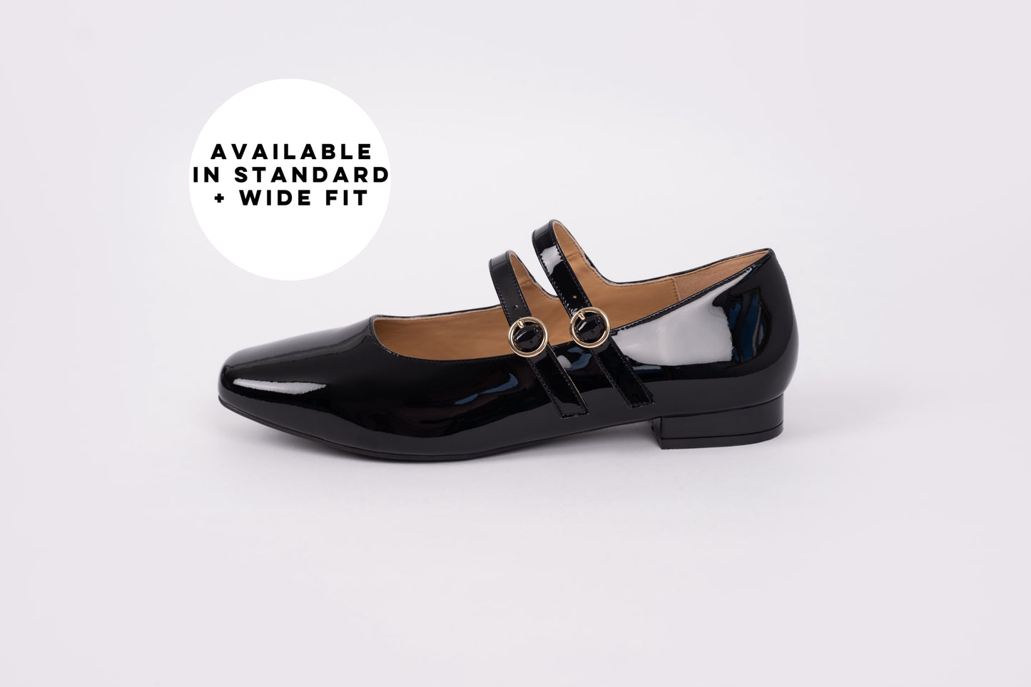 Side profile of Jemima flat in black. A womens flat Mary Jane shoe in larger womens sizes 42-46