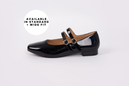 Side profile of Jemima flat in black. A womens flat Mary Jane shoe in larger womens sizes 42-46
