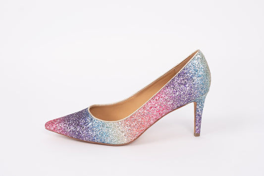 Side profile of Emmie rainbow courts. A sparkly womens heel available in larger sizes 42-46