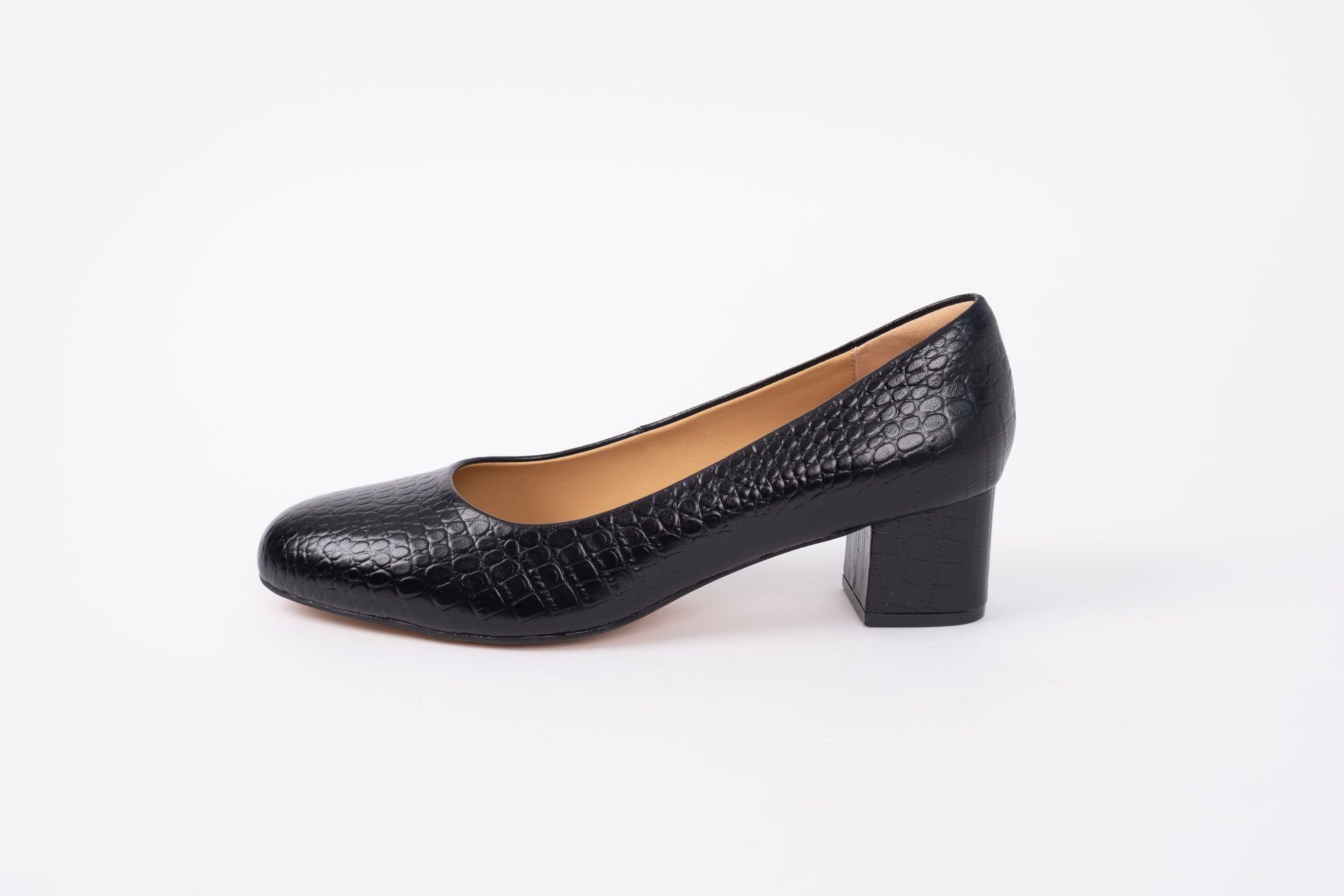 Side profile of Lily court shoe in black croc. A womens heeled shoe available in European sizes 42-46