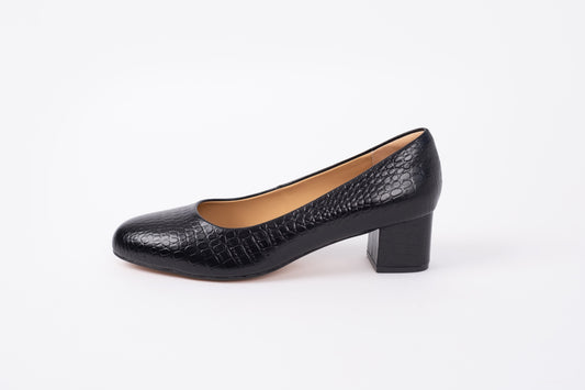 Side profile of Lily court shoe in black croc. A womens heeled shoe available in European sizes 42-46