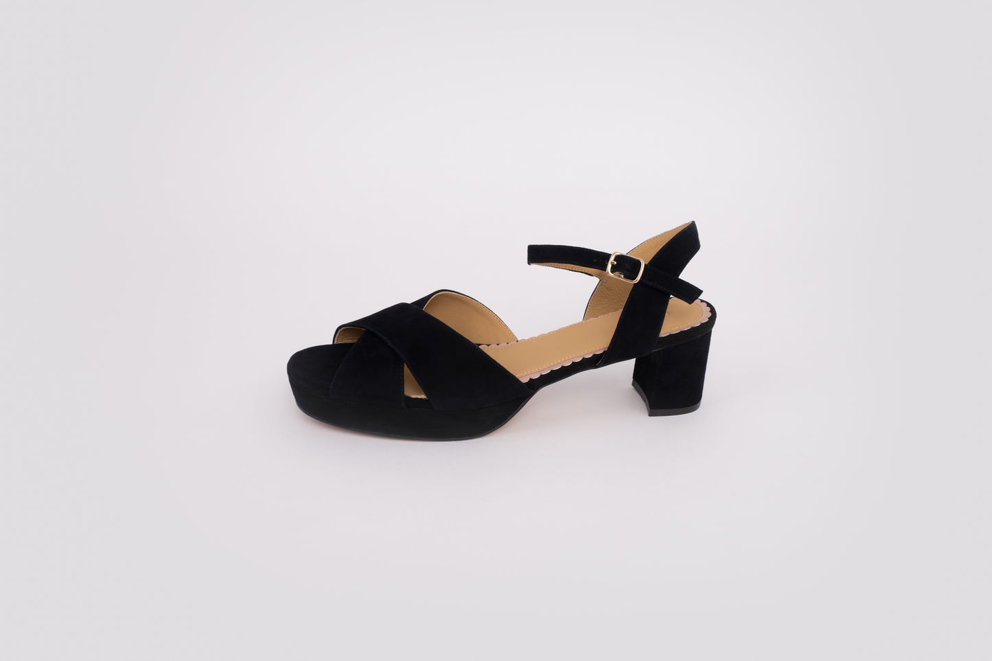 Side profile of Frankie Sandal in black. A womens block strappy heel available in larger sizes 42-46