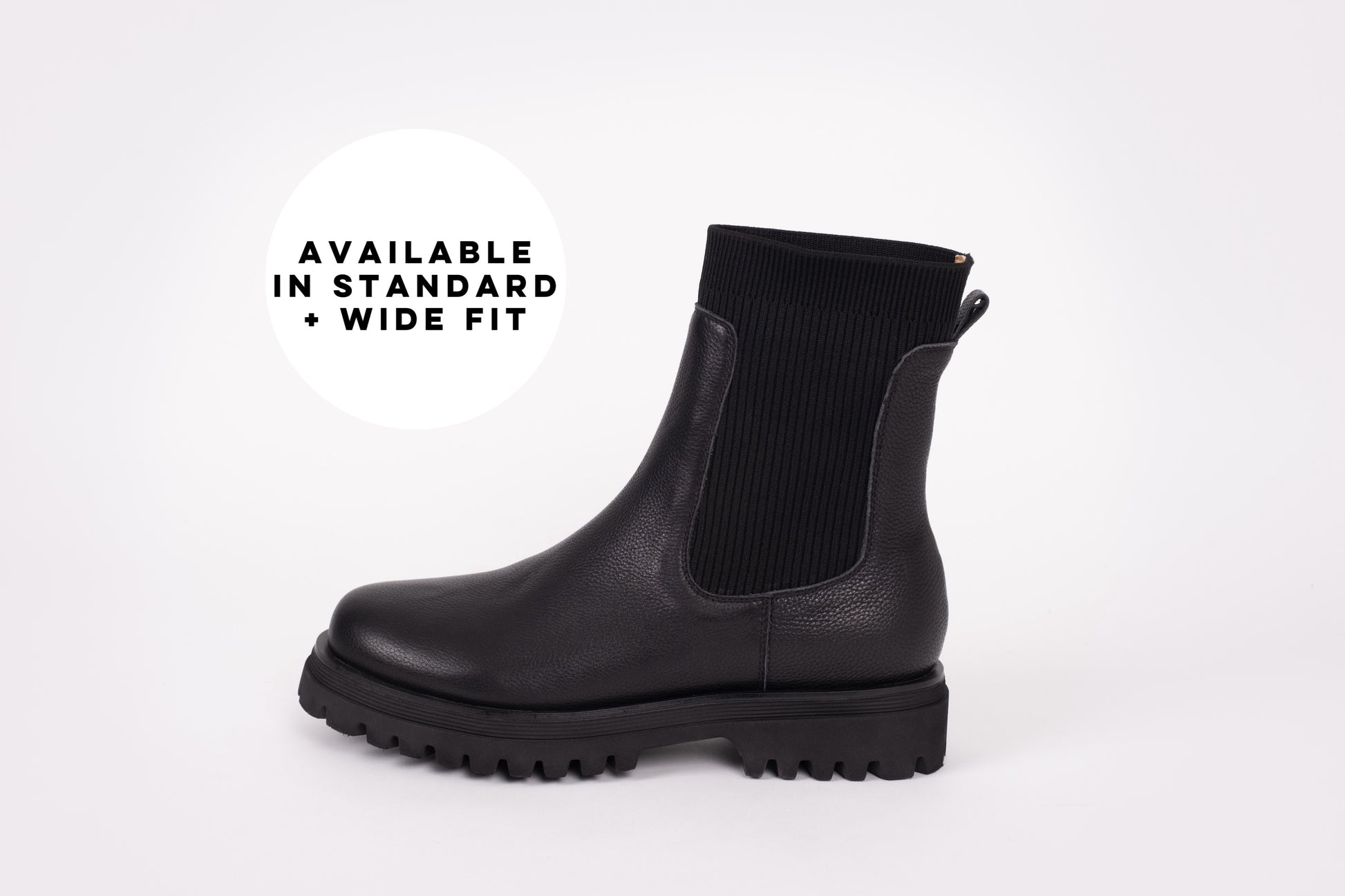 Side profile of Marnie Ankle Boot in Black Leather. Womens larger size shoes available in 8-12, standard and wide fit.