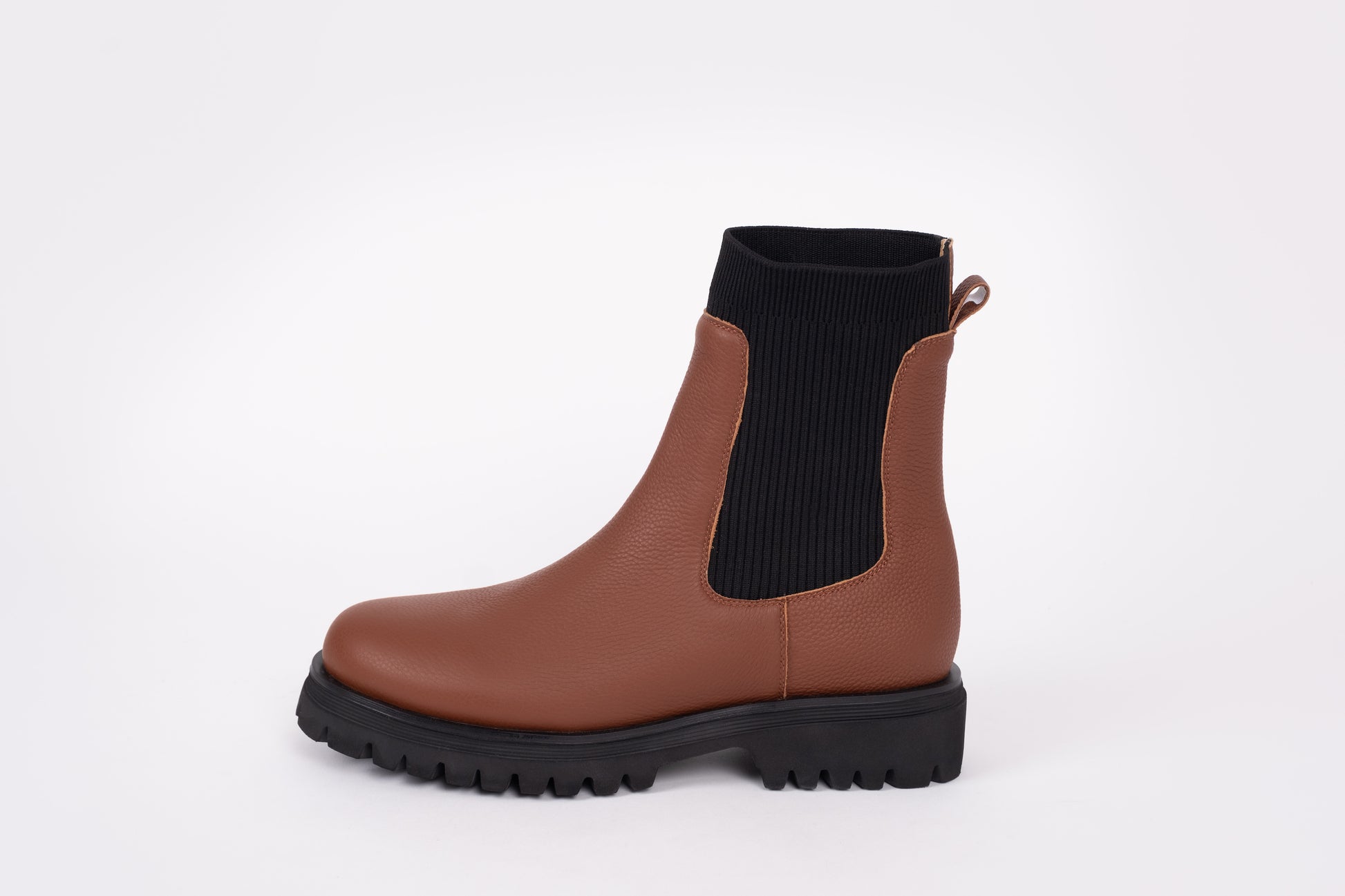 Side profile of Marnie Boot in Brown. Womens elasticated Chelsea boot available in larger UK sizes 8-12