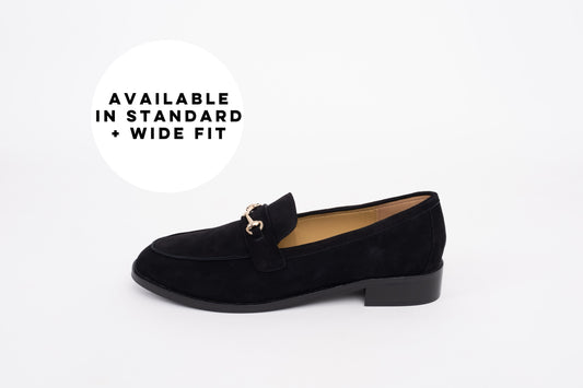 Side profile of the Betsy Loafer in Black Suede. Women's larger size shoes available in sizes 8-12. Standard and wide fit.