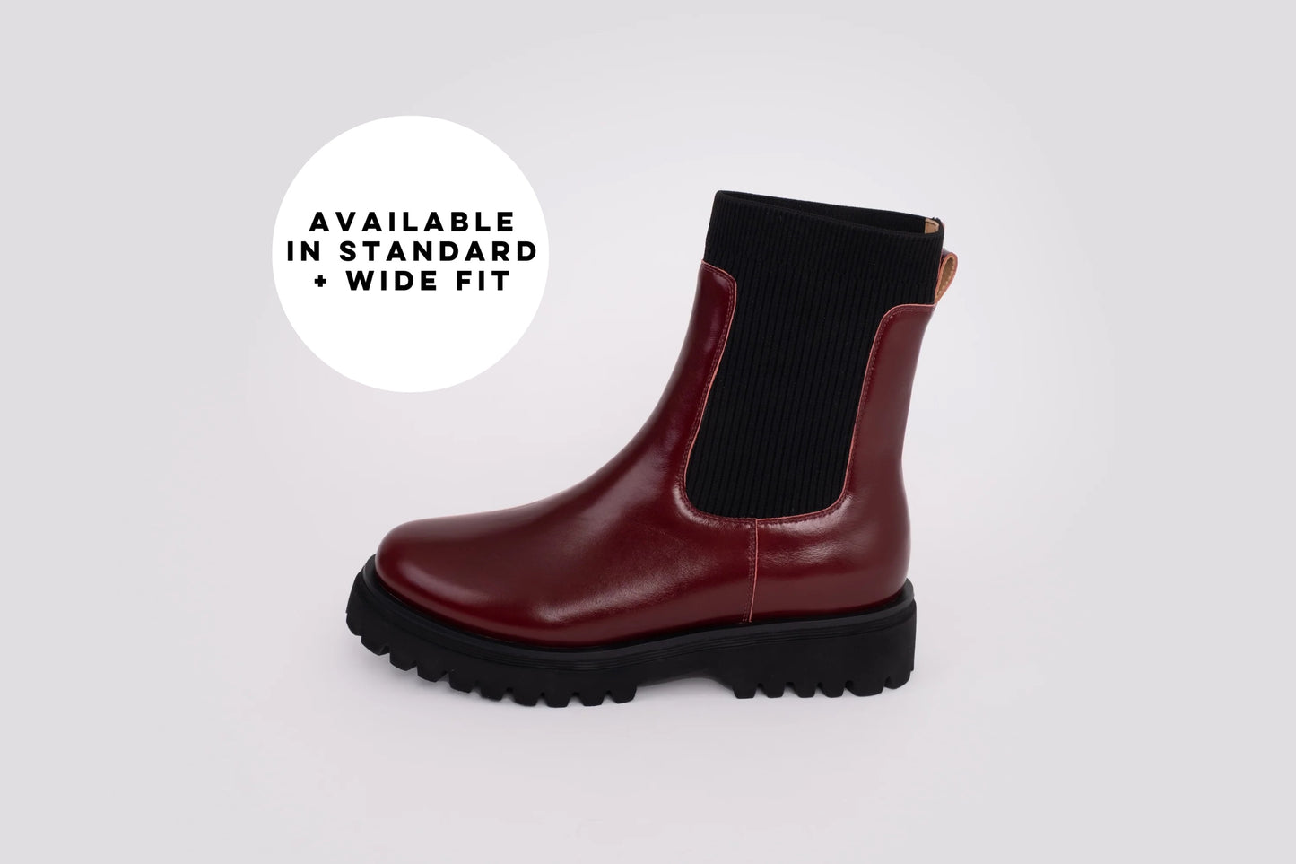 Side profile of Marnie Boot in  Oxblood red leather ankle boot. Womens large sized shoes available in European sizes 42-46, standard and wide fit 