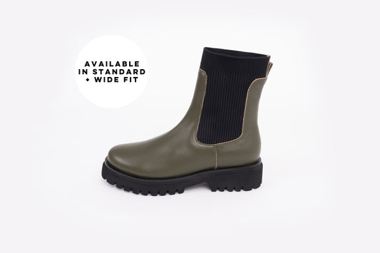Side Profile of Marnie Chelsea boot in Khaki, women's larger sized shoes available in UK 8-12, standard and wide fit.