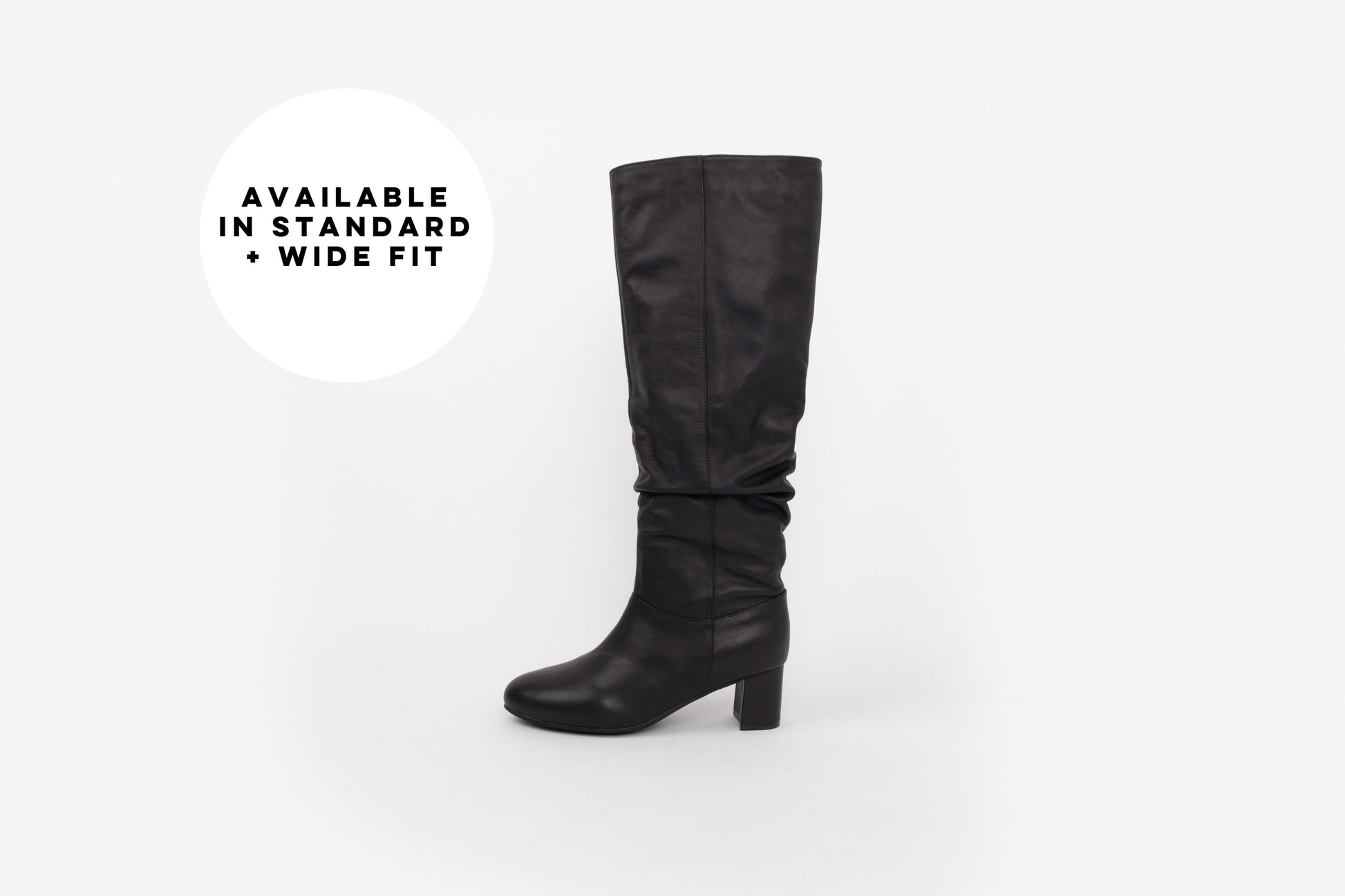 Large sized womens knee high black leather heeled boot available in larger sizes, standard and wide fit.