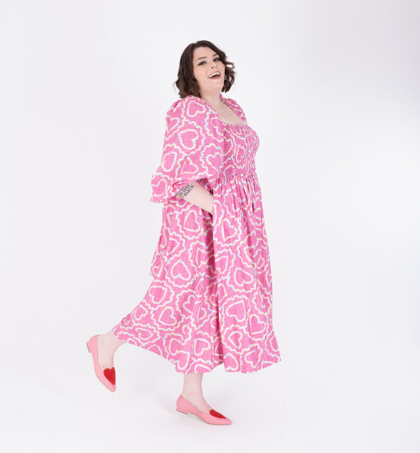 Side shot of pink and red flat heart shoes in womens larger sizes 42 43 44 45 46, standard and wide fit