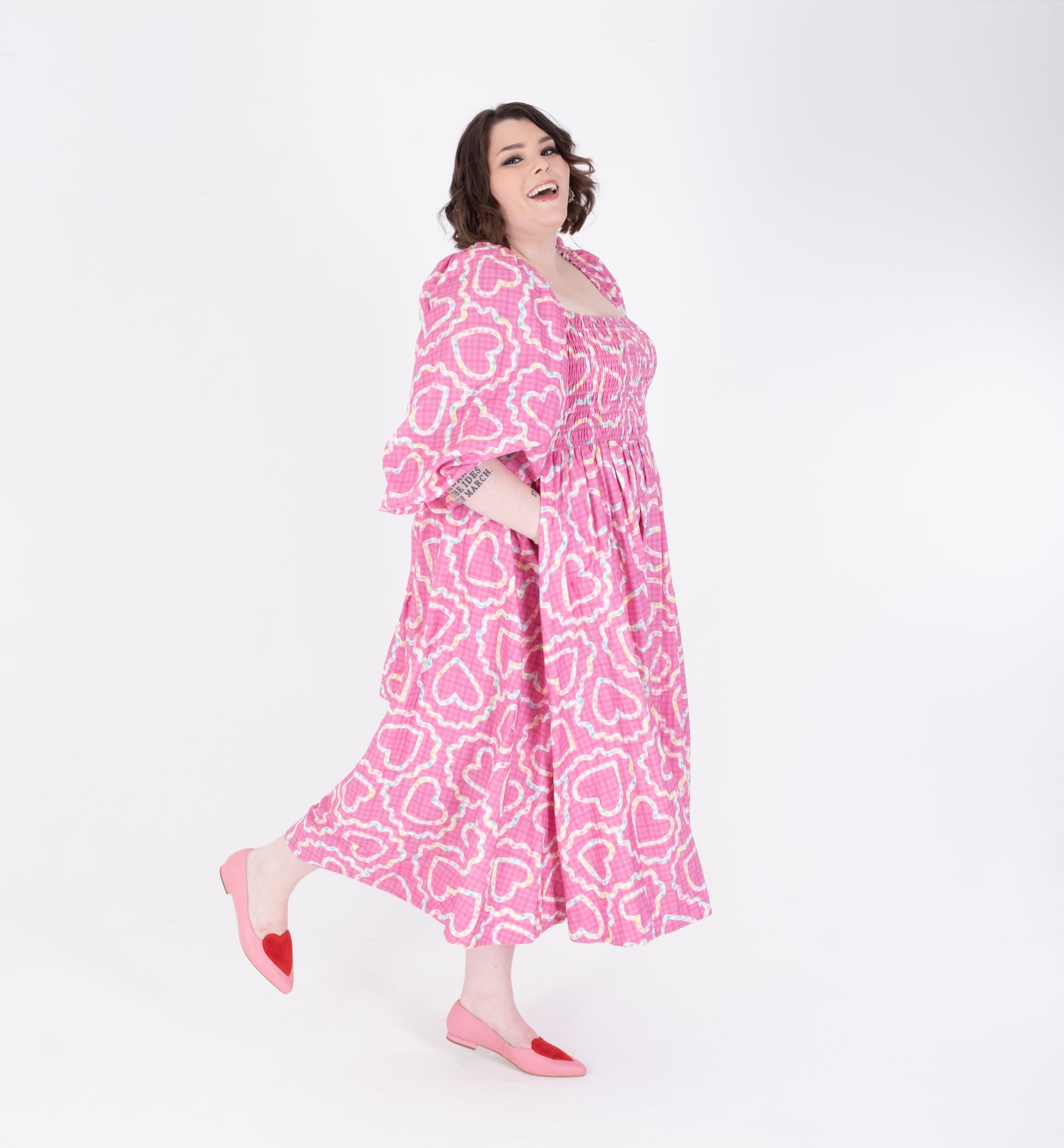 Side shot of pink and red flat heart shoes in womens larger sizes 42 43 44 45 46, standard and wide fit