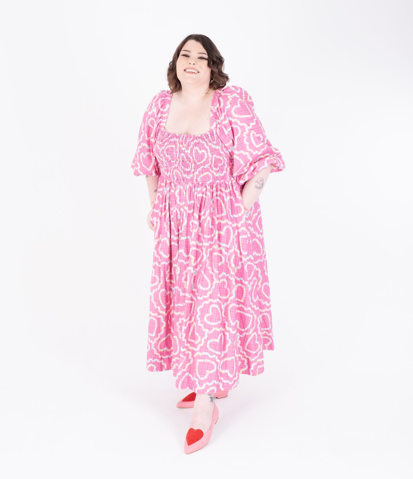 Pink and red heart flat shoes available in womens larger sizes 8 9 10 11 12, standard and wide fit