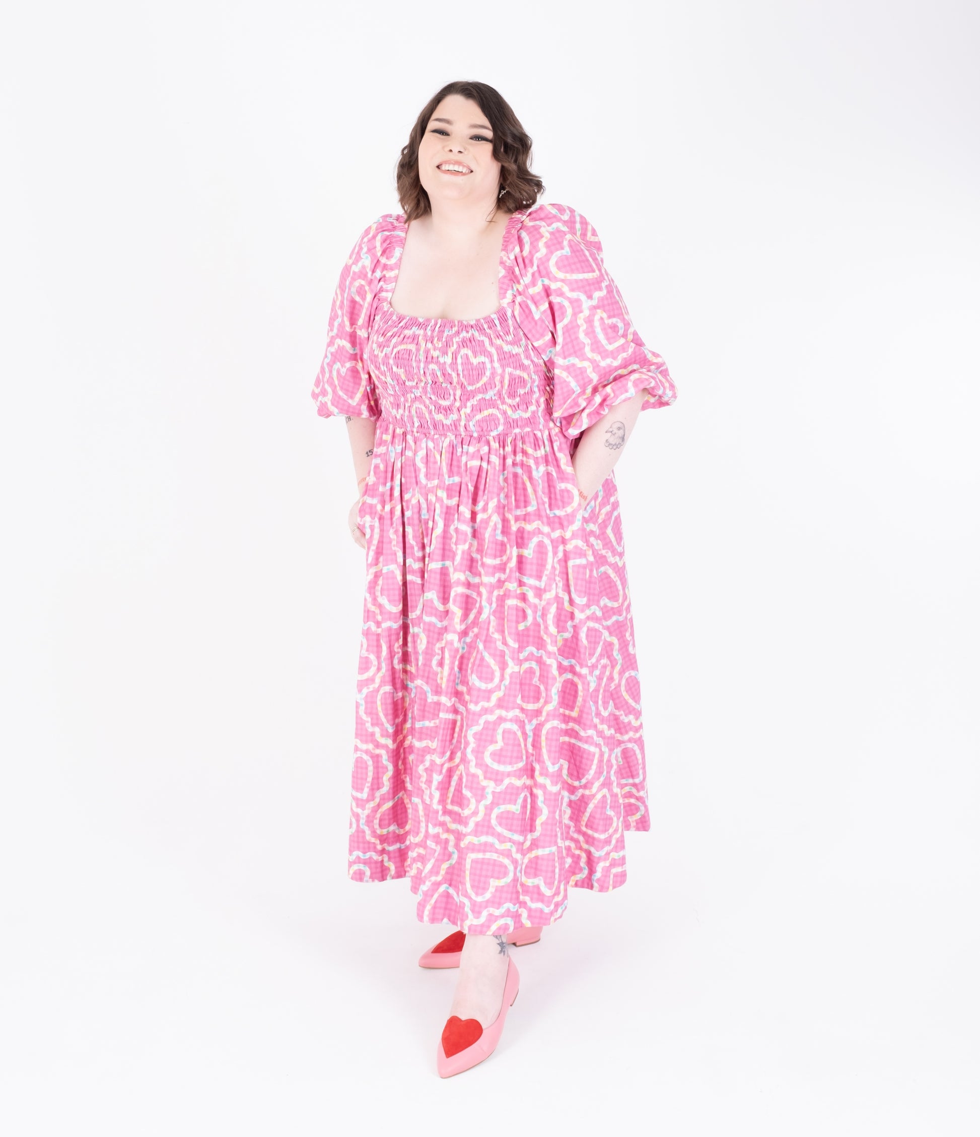 Pink and red heart flat shoes available in womens larger sizes 8 9 10 11 12, standard and wide fit