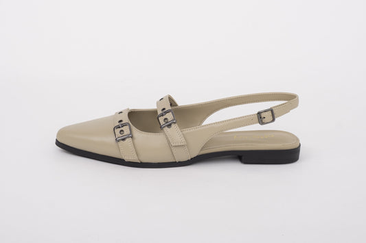 Side shot of womens beige leather flat slingback shoe in large sizes 42-46