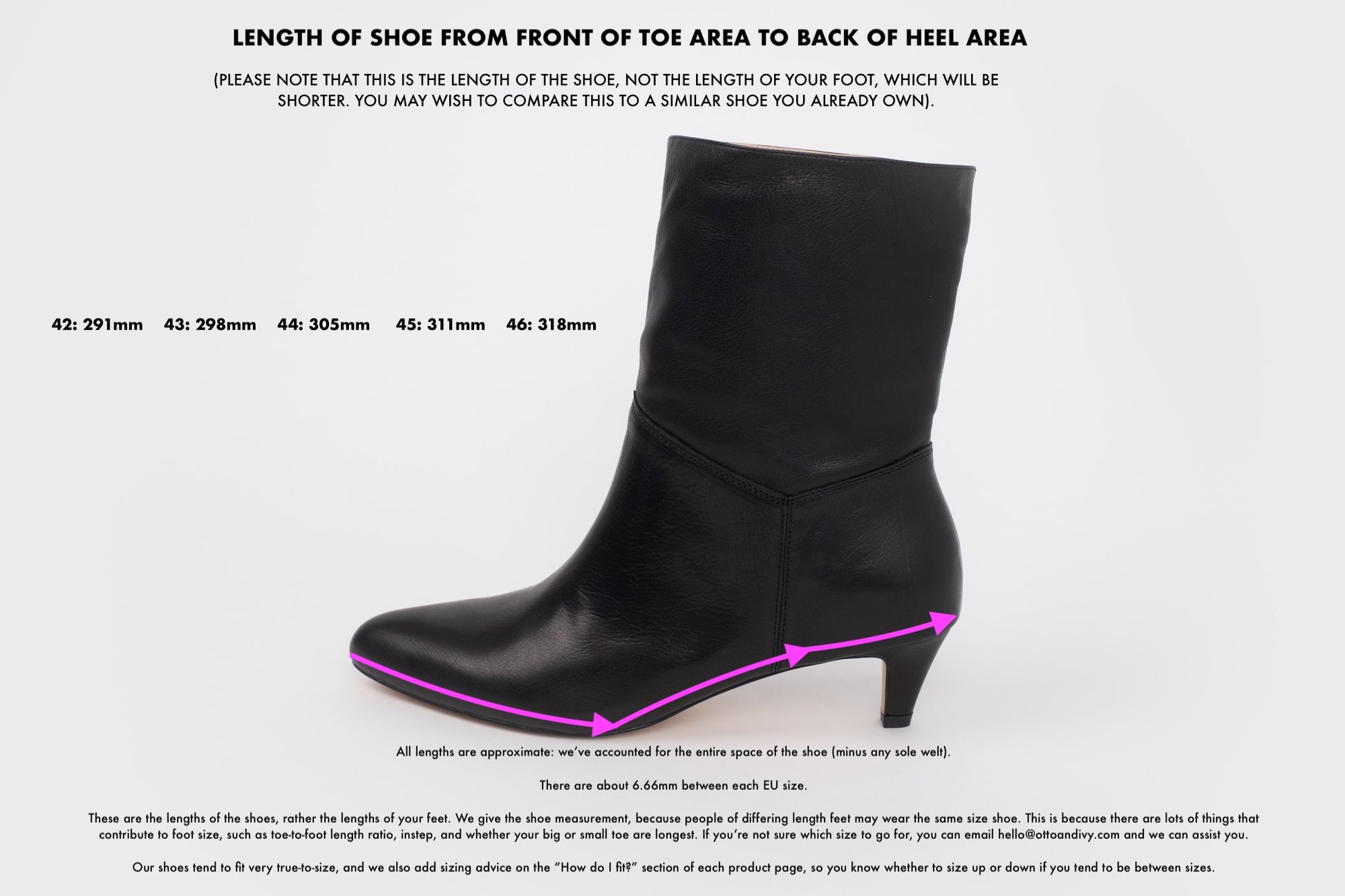 Length diagram displaying size measurements on black leather boot in larger sizes