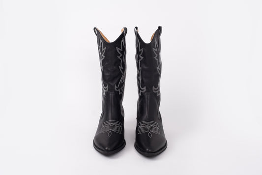 Front view of Bryher cowboy boot in Black. Festival womens footwear in larger sizes 42-46