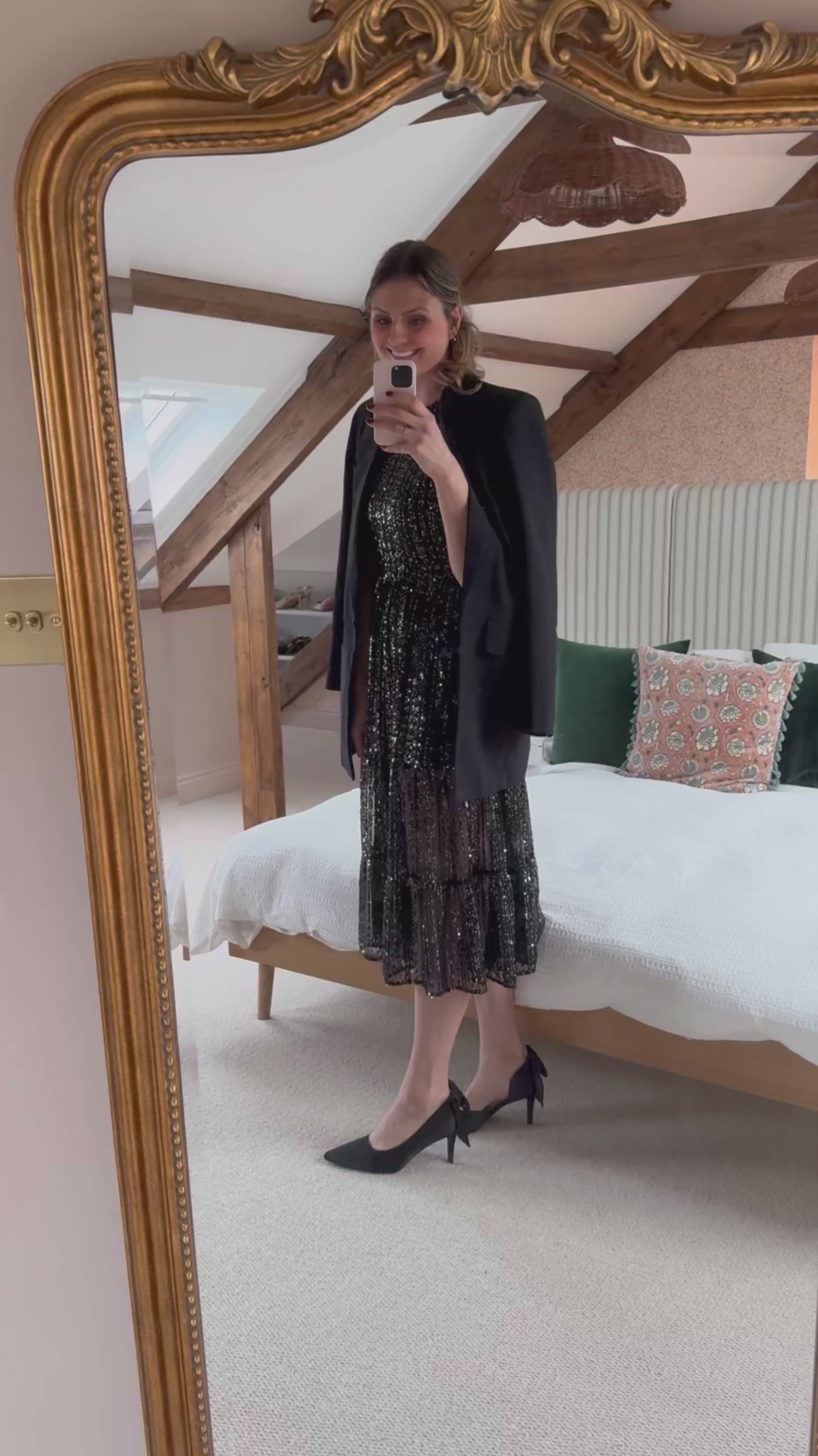 Tall woman modelling black Annie court formal shoe. Womens footwear available in larger European sizes 42-46
