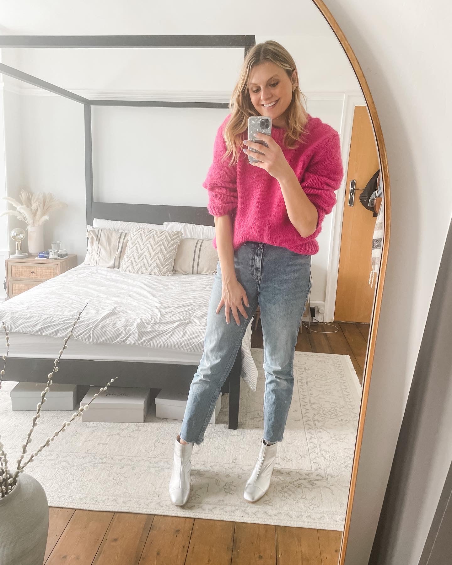 Izzy Boot by Otto + Ivy - a silver boot for tall women with large feet, featuring silver leather and a low chunky heel, worn with jeans and a pink jumper