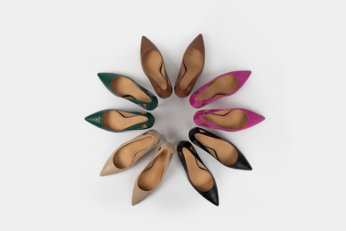 Aerial view of Florence Court shoes in Pink, black, beige, green and tan. Available in European larger womens sizes 42-46