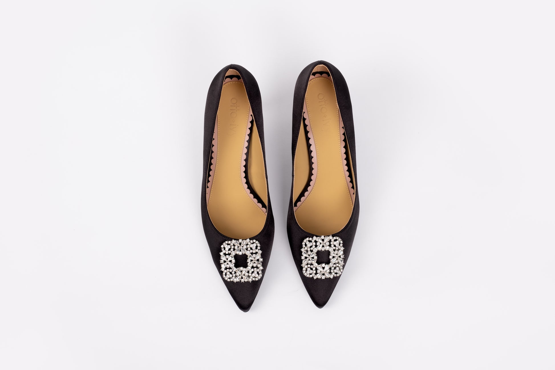 Aerial view of Annabelle court shoe, a black womens stiletto available in standard and wide fit larger sizes UK 8-12