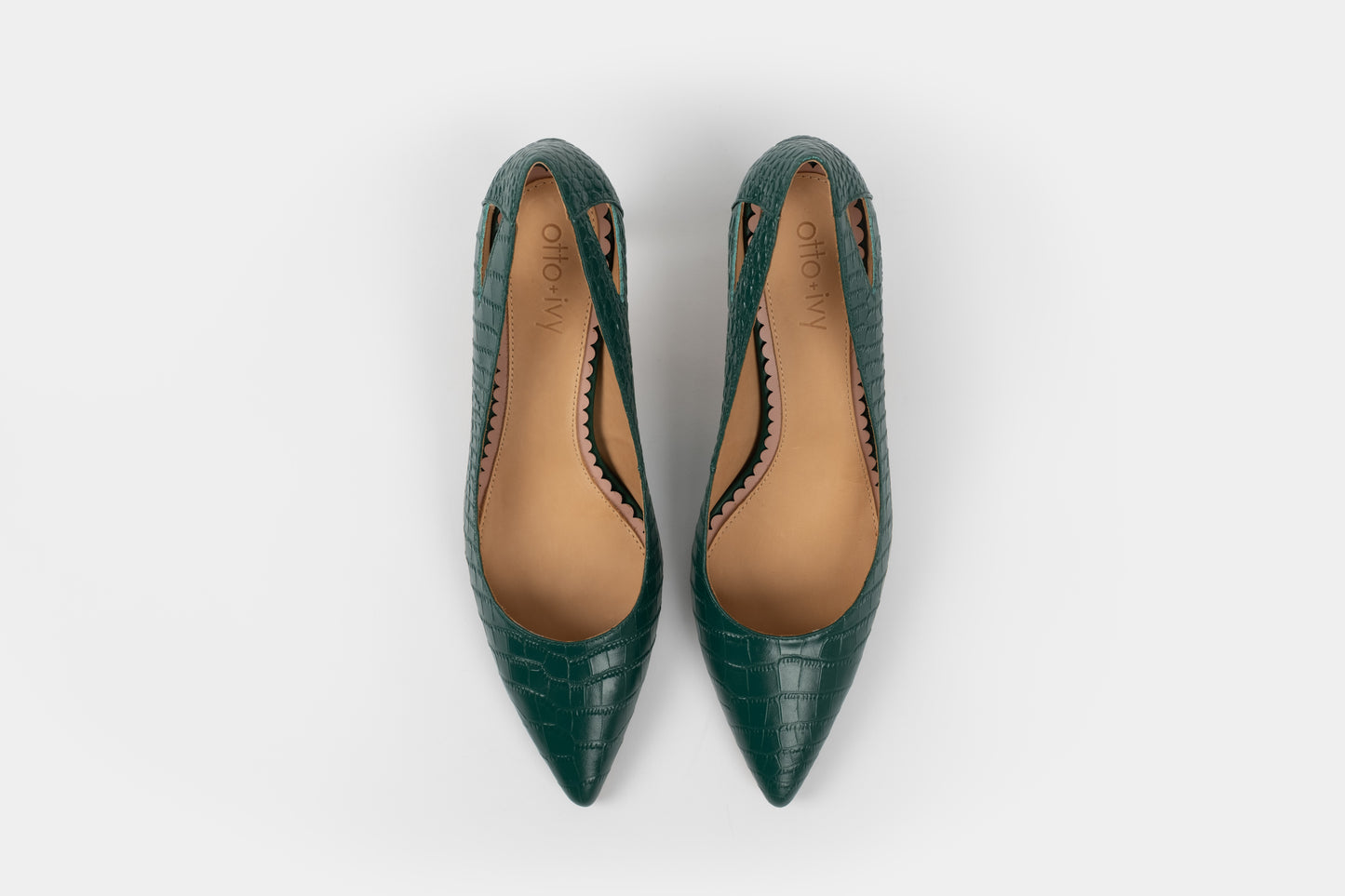 Aerial veiw of Florence Court shoe in green croc. A womens stiletto court shoe available in European sizes 42-46 
