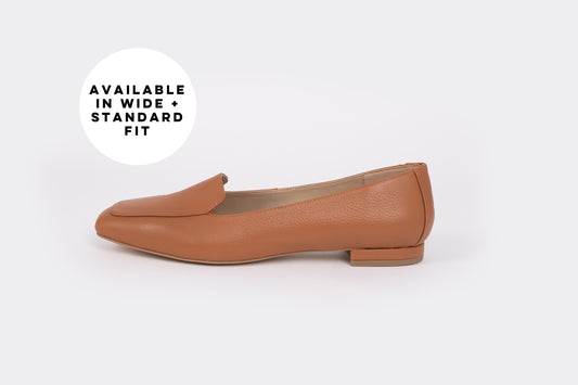 iSide shot of womens tan leather loafer available n standard and wide fit,