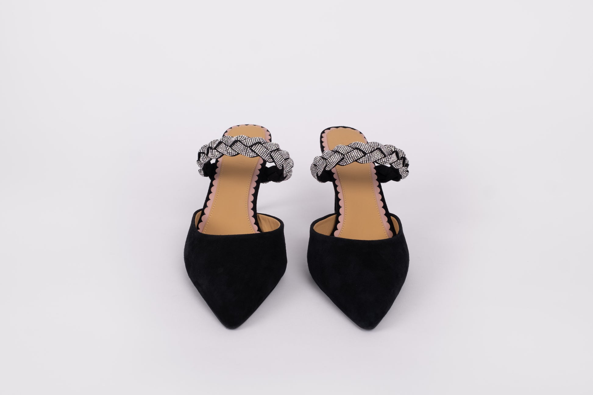 Front shot of womens pointed toe heels in black with sparkly strap. Available in larger womens UK sizes 8-12