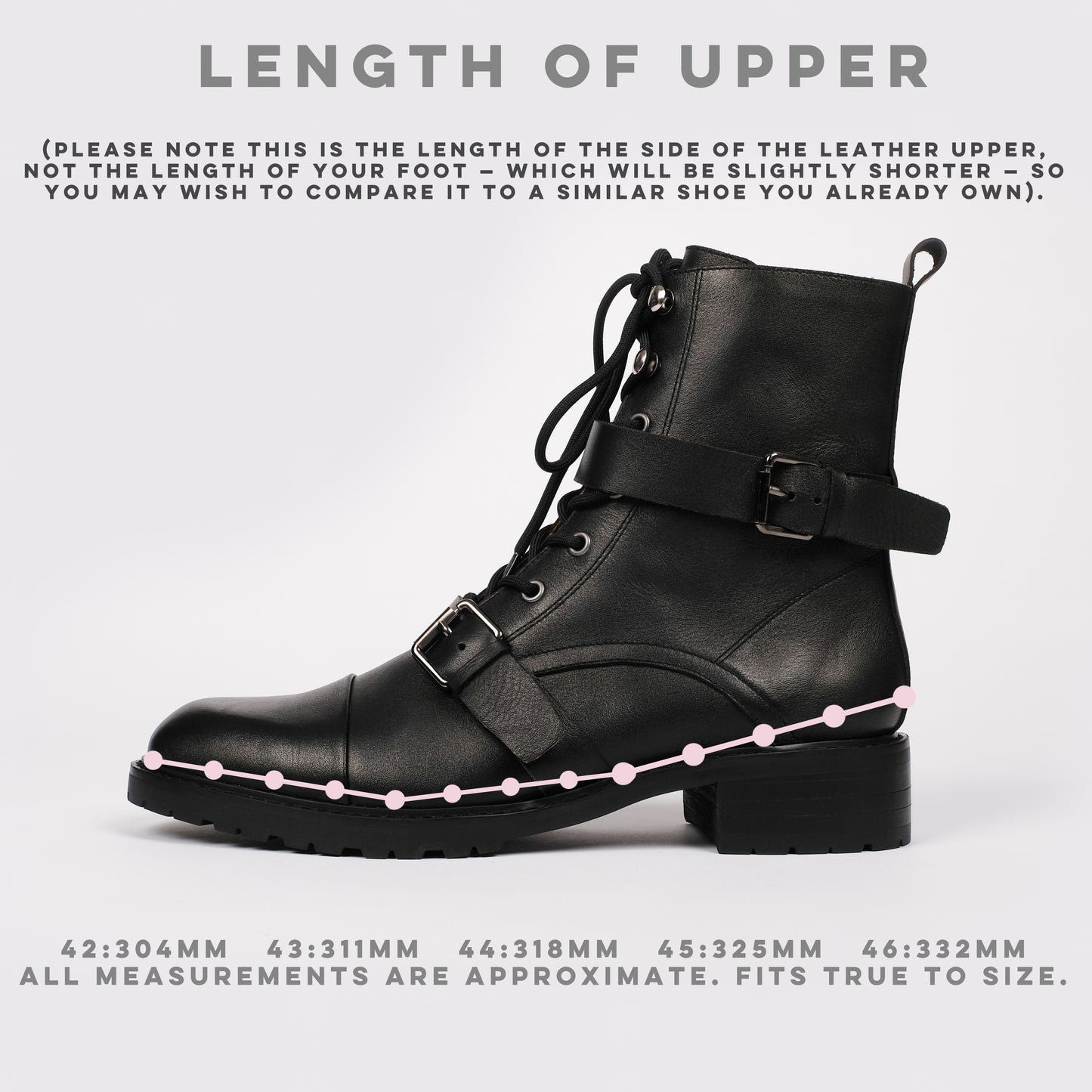 A length guide of the Otto and Ivy Maisie boot, a black biker boot in large sizes for tall women