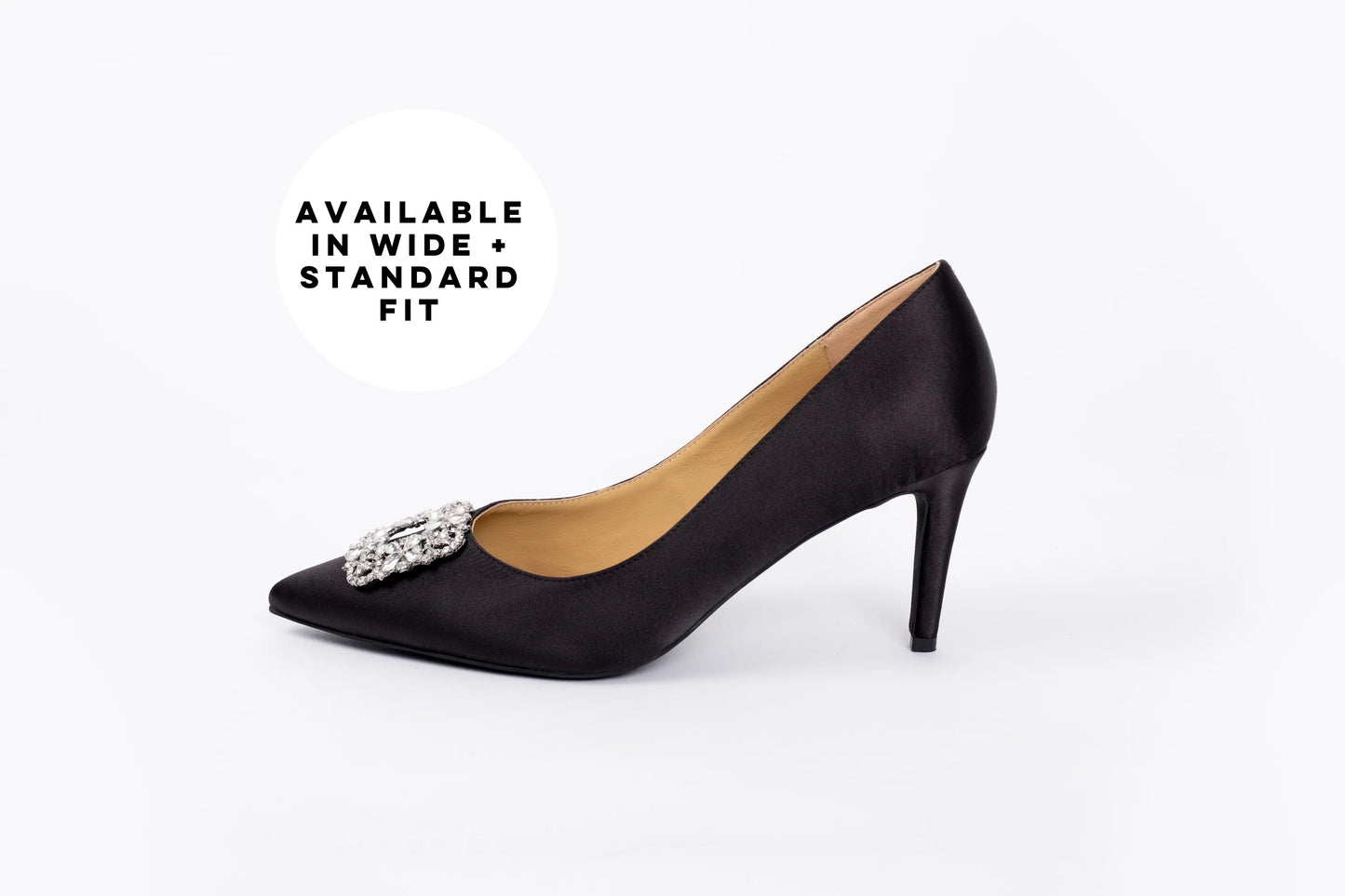 Side shot of Annabelle Court shoe, in black satin. A womens large size stiletto shoe, available in womens UK sizes 8-12, standard and wide fit.
