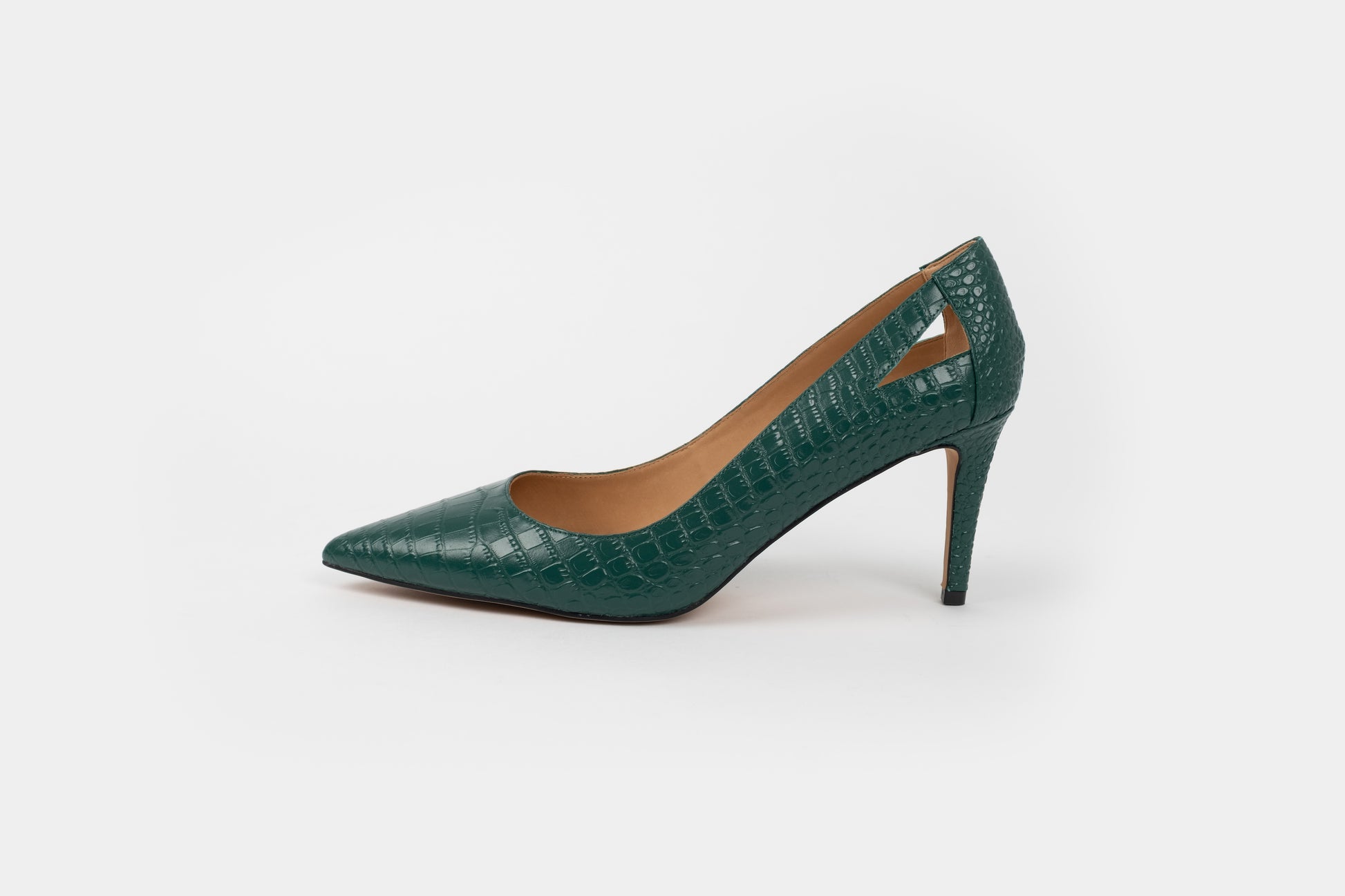 Side shot of Florence court, in green croc. Womens stiletto heeled shoe available in large sizes.