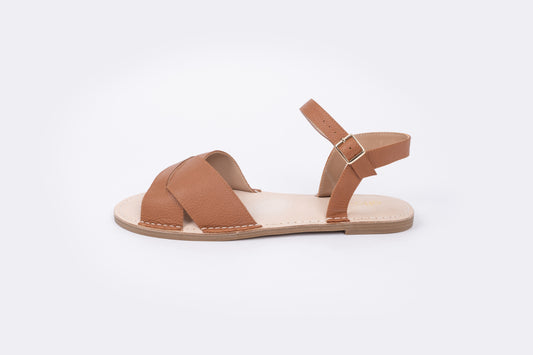 Side profile of Orla sandal in Tan. A. womens Sumer strappy sandal available in womens larger sizes 42-46