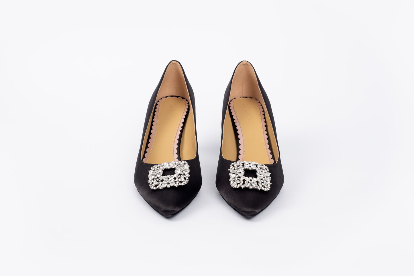 Front view of Annabelle in black. Womens stiletto court shoe with sparkly embelishment. Available in larger sizes 42-46