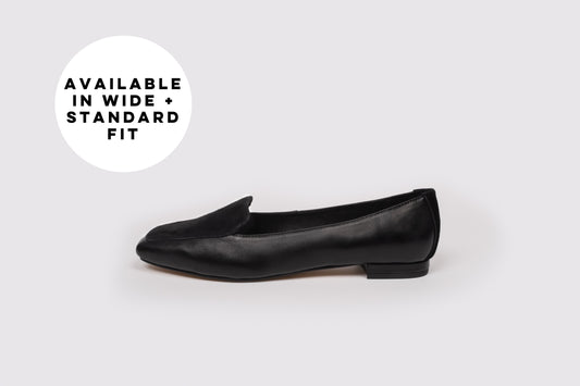 Side profile of Aubrey in Black. Available in womens larger sizes 42-46. Standard and wide fit.
